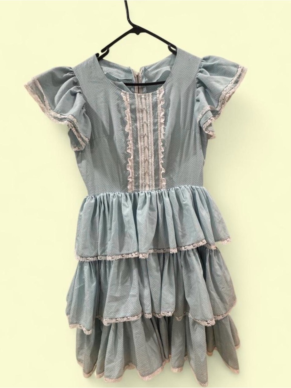 Vintage Baby Blue Ruffle Tiered Prairie Dress Lace Trim Medium